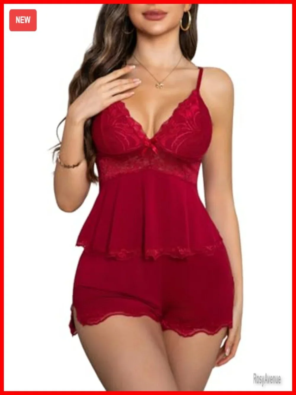 2 Piece Lace V Neck Camisole Pajama Set with Elastic Waist Shorts
